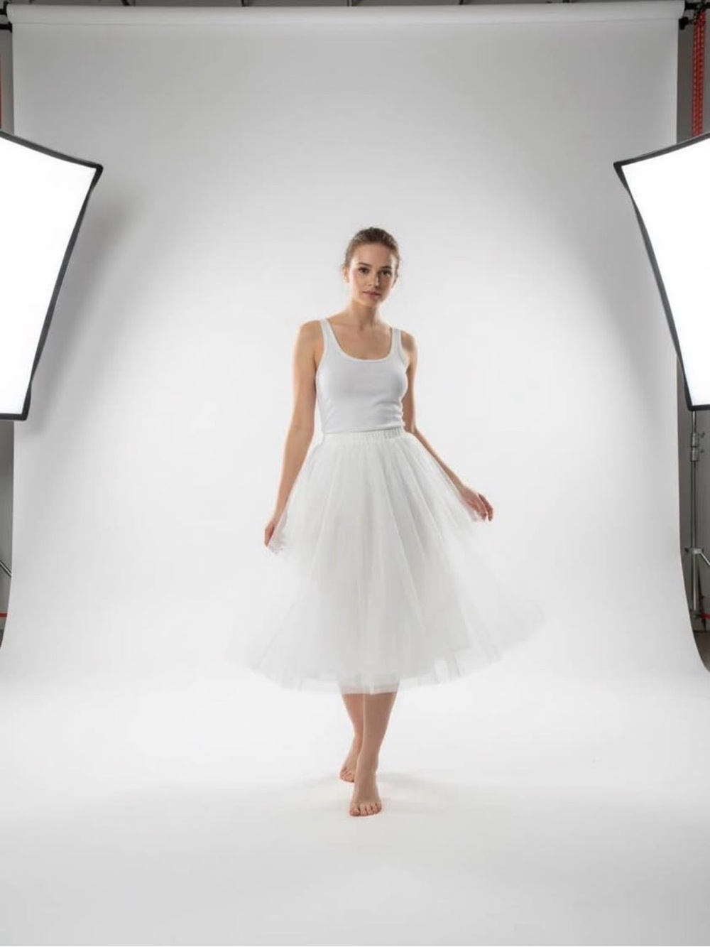Classic White Tulle Midi Skirt - Elegant Flared Design